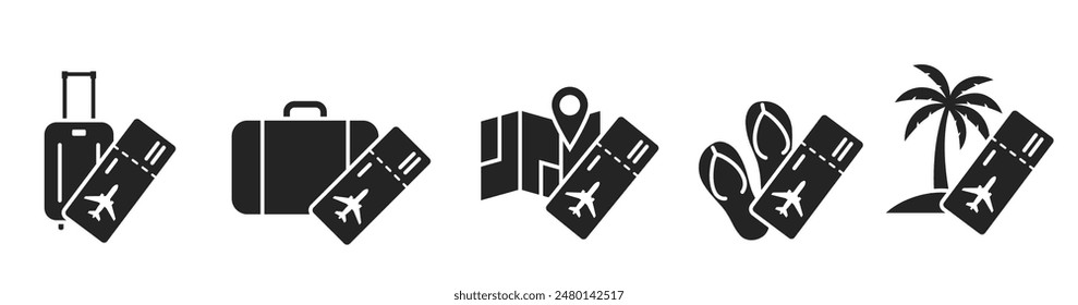 air travel flat icons. luggage, flip flops, map, palm tree and flight ticket. vacation and journey symbols. isolated vector images for tourism design