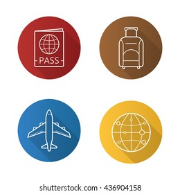 Air travel flat linear long shadow icons set. International passport, luggage suitcase on wheels, plane flight, worldwide globe symbol. Vector line symbols