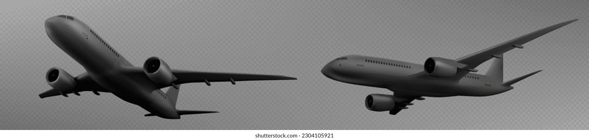 Air travel, flight concept with 3d plane. Modern black aeroplane, commercial jet flying in sky. Passenger aircraft isolated on transparent background, vector realistic illustration