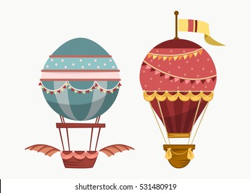 Air Travel Flying Transport. Vintage Air Balloon With Wings And Balance Or Ballast, Sport Striped Airship Isolated Icon.