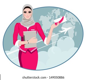 Air Travel: Air hostess holding ticket to the flight, presenting her company's services