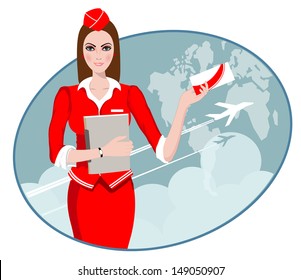 Air Travel: Air hostess holding ticket to the flight, presenting her company's services