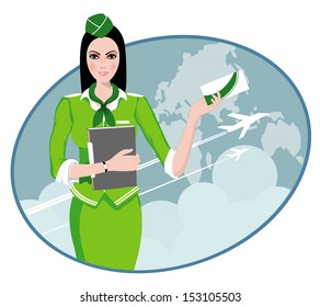 Air Travel: Air hostess holding ticket to the flight, presenting her company's services 