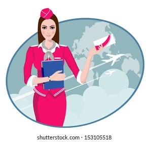 Air Travel: Air hostess holding ticket to the flight, presenting her company's services 