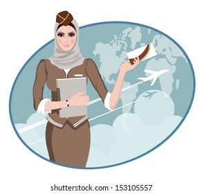 Air Travel: Air hostess holding ticket to the flight, presenting her company's services 