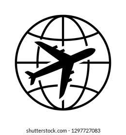 Air travel icon. Airplane and globe representing passenger or cargo transportation or long-distance travel. Vector Illustration