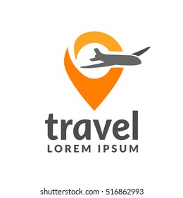 Air travel icon. Travel logo. Pin logo. Location on map logo concept. Plane icon. Plane logo. Plane vector. Airplane logo. Airplane icon. Airplane vector.