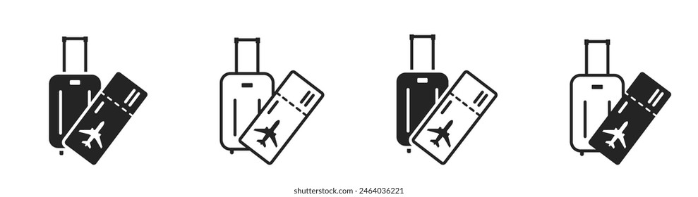 Ikonenset für Flugreisen. Flugticket und Reisetasche. Urlaubssymbole und Reisesymbole. Vereinzelte Vektorbilder für touristisches Design