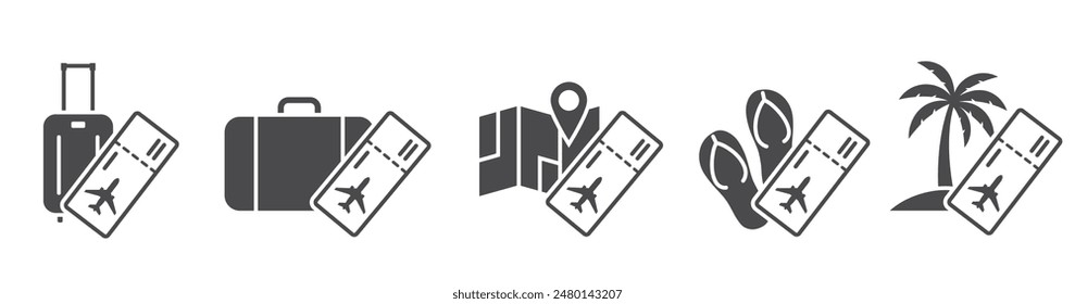 air travel icon set. luggage, map, flip flops, palm tree and flight ticket. vacation and journey symbols. isolated vector images for tourism design