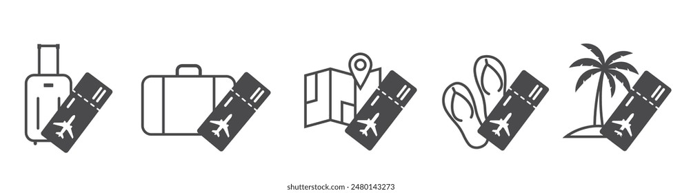 air travel icon set. map, luggage, palm tree, flip flops and flight ticket. vacation and journey. isolated vector images for tourism design