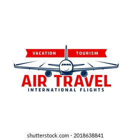 Air travel icon of vector plane flying in sky, airline flights, tourism, aircraft and aviation design. Blue airplane or jet of international airlines with motion trails and red ribbon isolated symbol