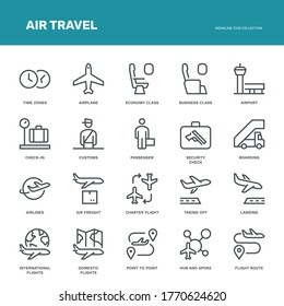 Air Travel Icons. Monoline concept
The icons were created on a 48x48 pixel aligned, perfect grid providing a clean and crisp appearance. Adjustable stroke weight. 
