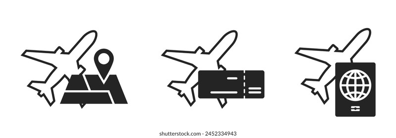 air travel icons. plane and map, passport, flight ticket. journey and vacation symbols. isolated vector images for tourism design