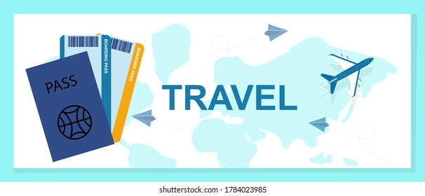 Air Travel Illustration. Flight Tickets And Passport Over White Background With Blue Map And Plane. Panorama, Vector