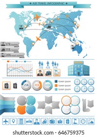 Air travel infographic concept with trip routes on world map blank charts hotel visitors diagrams summer vacation icons vector illustration