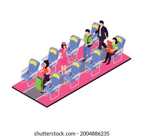 Air travel isometric composition with passengers leaving plane after landing 3d vector illustration