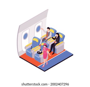 Air travel isometric composition with stewardess and two passengers drinking wine in business class 3d vector illustration