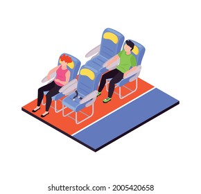 Air travel isometric composition with two passengers on their seats in airplane 3d vector illustration