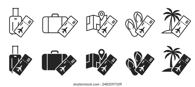 air travel line and flat icons. luggage, map, flip flops, palm tree and flight ticket. vacation and journey symbols. isolated vector images for tourism design