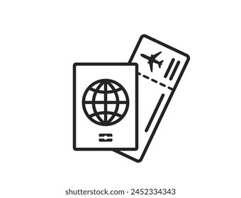 icono de la línea de viaje aéreo. billete de avión y pasaporte. símbolo de viaje y vacaciones. Imagen de Vector aislado para el diseño turístico