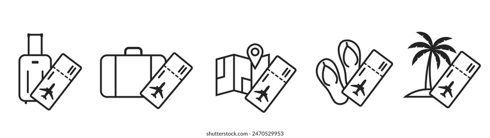 air travel line icons. luggage, map, flip flops, palm tree and flight ticket. vacation and journey symbols. isolated vector images for tourism design