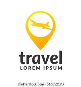 Air travel logo concept. Travel logo. Pin logo. Location on map logo concept. Plane icon. Plane logo. Plane vector. Airplane logo. Airplane icon. Airplane vector.