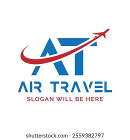 Air Travel logo with letter AT. Letter AT logo for Travel, Ticket and Tour Agency. Letter AT with Aeroplane icon