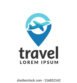 Air travel logo. Travel logo. Pin logo. Location on map logo concept. Plane icon. Plane logo. Plane vector. Airplane logo. Airplane icon. Airplane vector.