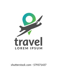 Air travel logo template. Travel logo. Pin icon. Location on map logo concept. Plane icon.  Plane vector. Airplane logo. Airplane, Plane icon. Airplane vector.