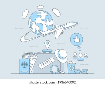 Air travel mobile application vector outline concept. Flying around the planet plane, baggage with passport and tickets, location point signs. Traveling, vacation, online booking app elements.