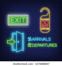 Air travel neon sign set. Exit door, do not disturb tag, arrival, departure. Colorful billboard, bright banner. Vector illustration in neon style for airports and hotels