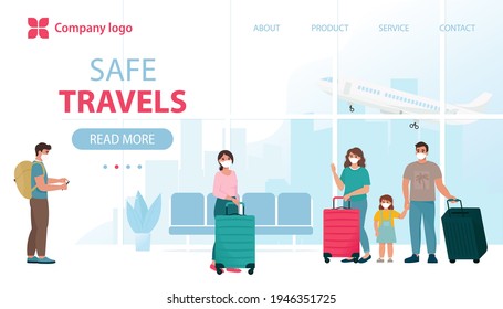 Air travel new reality, safe flight concept. People in protective face masks at airport terminal. Vector illustration in flat style, template for web banner, landing page