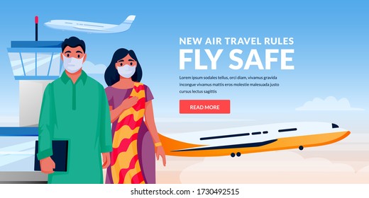 Air travel new rules, healthy and safe flight concept. Indian man and woman in medical protection masks at airport terminal. Vector illustration of traveling asian couple characters.