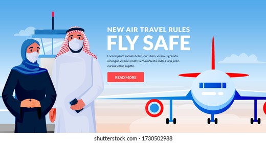 Air travel new rules, healthy and safe flight concept. Arabian man and woman in medical protection masks at airport terminal. Vector illustration of traveling muslim arabian couple characters