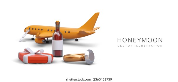 Air travel of newlyweds, honeymoon. Romantic vacations, discounts for couples. Just married. Cartoon style concept. Advertising banner of agency on white background