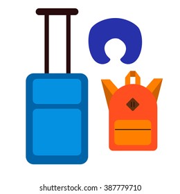 Air travel object set. Backpack, suitcase, pillow, Set of traveler's items. Flat orange backpack, blue suitcase an blue pillow. baggage set.