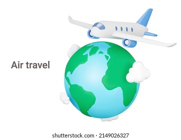 Air travel. Passenger plane and earth. Business flights. Travel time. Isolated 3d object on a transparent background