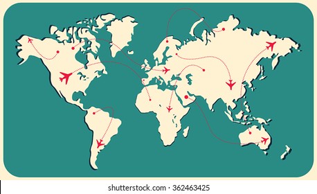 Air travel paths on a world map vector with background