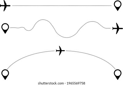 air travel pictograms with destination marker symbol and plane icon connected with dotted line vector illustration