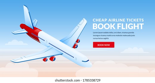Air travel, plane tickets booking banner design template. Airplane flies in blue sky vector 3d isometric illustration. International traveling and tourism flight concept