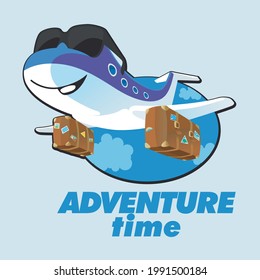 Air travel poster with smiling airplane carrying couple of suitcases