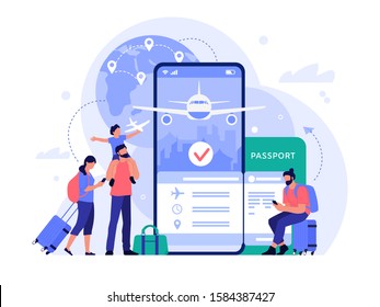 Air travel ticket buying app. People buying tickets online, phone booking service for tourism and vacation, travel concept vector illustration. Tourists with luggage making flight reservation