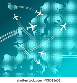 Air travel and tourism design for transportation industry, vacation planning, business trip concept with white silhouettes of airplanes flying over abstract map of Europe, composed of blue dots 