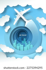 Air travel and tourism vector with plane flying over cityscape, business skyscrapers high-rise buildings paper cut craft illustration. Transport and transportation, vacation and adventure concept