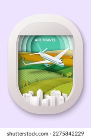 Air travel and tourism vector with view on plane from porthole aircraft windows paper cut craft style illustration. Transport and transportation, business vacation and adventure concept