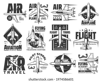 Air travel tours and aviation school icons set. Army flying academy training center, pilot courses emblem or badge. Civil passenger airliner and military jet fighters, modern propeller aircraft vector