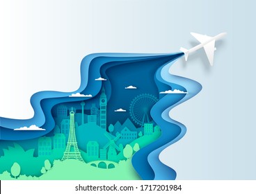 Air travel, vector aerial view layered paper cut style illustration. Airplane flying over world famous landmark silhouettes. International tourism, travel by air, global leisure activity.