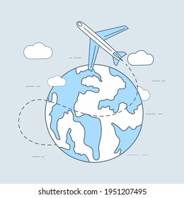 Air travel vector cartoon outline illustration. Plane flying around the planet. Traveling, vacation, touristic, online booking app elements. Airplane flying around the globe, aircraft path concept.