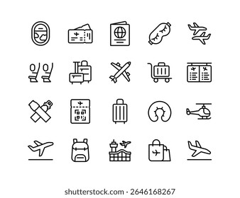 Air Travel Vector Icon Set | Adjustable Line Weight | Plane window, boarding pass, seats, luggage, seatbelts, helicopter, jet, backpack, airport icons