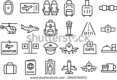 Air Travel Vector Icon Set  Plane Window, Boarding Pass, Seats, Luggage, Seatbelts, Helicopter, Jet, Backpack, Airport
